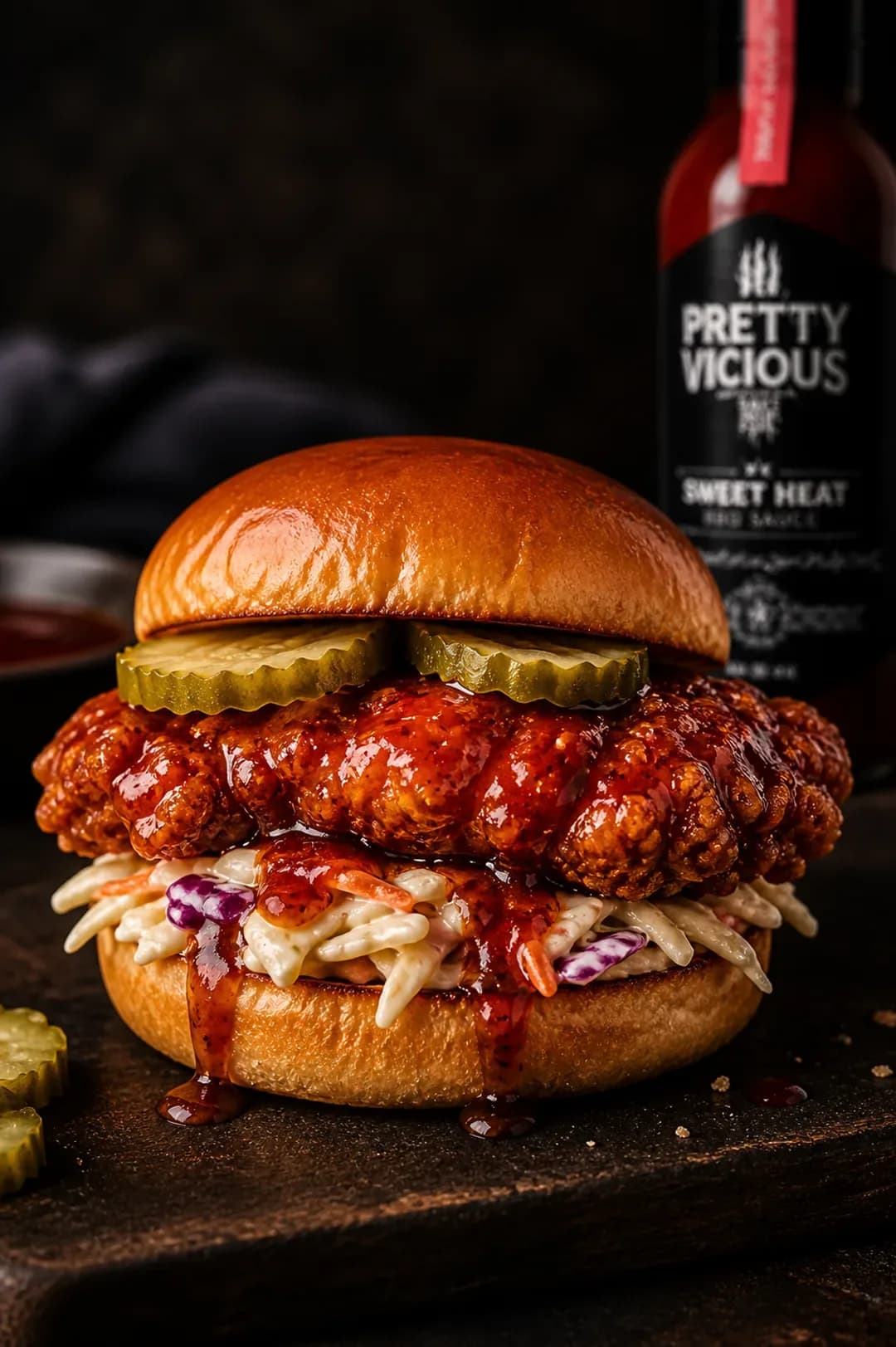 Sweet Heat crispy chicken sandwich with Pretty Vicious BBQ sauce